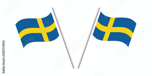 Two Swedish flags on poles. Waving Sweden national banners isolated on white background.