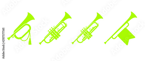 Photography Set of four bright green trumpet outlines on white.