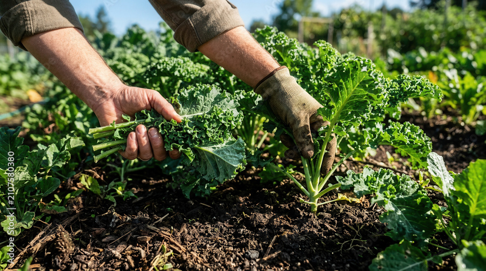 Fototapeta premium Hands Harvesting Fresh Green Kale From Organic Garden Soil