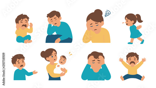 Quadro su tela Set of diverse children and adults showing sad and crying emotions in flat carto
