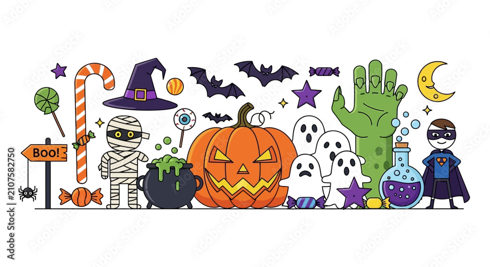 Fototapeta premium Stylized flat design vector illustration with whimsical character elements and geometric shapes featuring a vibrant color palette on a plain white isolated background.