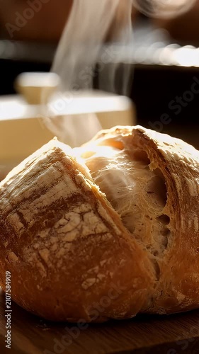 Freshly baked steaming sourdough loaf on wooden board