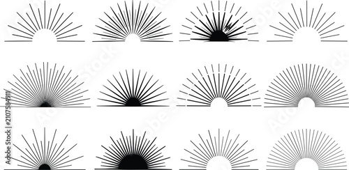 Canvastavla Boho sunburst line icons set with minimalist half sun rays sunrise linear design