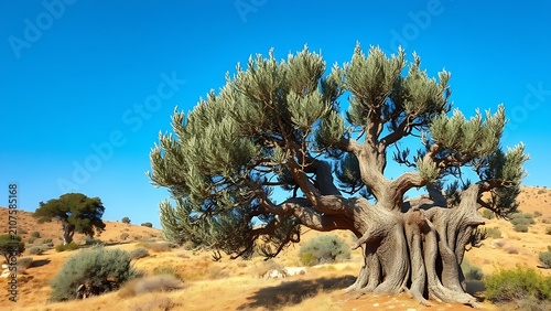 Ancient gnarled olive tree on a sunlit Greek hillside with textured bark.