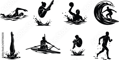Schilderij op canvas Silhouettes of athletes performing aquatic and water sports including swimming,