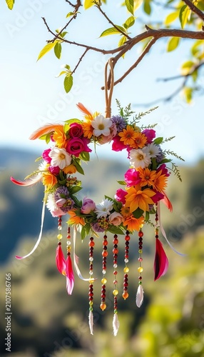 Floral wreath with feathers and beads hanging from a tree branch, rustic, whimsical