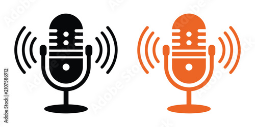 Tableau sur toile Microphone Icon Set Featuring Black and Orange Designs for Podcasting, Radio Broadcasting, and Editable Vector Illustration