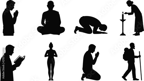 Schilderij op canvas Silhouettes of people engaged in spiritual and meditative practices including pr