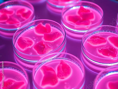 Glowing petri dishes filled with pinkish meat sample, discovery, petri dishes