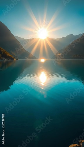 Golden light reflects off serene lake waters, surrounded by mountains, mountain, turkish