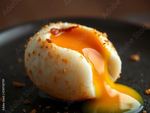 Golden yolk oozing from a crispy-edged salted duck egg, golden, texture