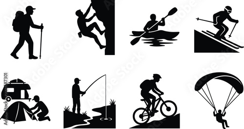 Bild auf Leinwand Silhouettes of people participating in outdoor adventure activities including hi