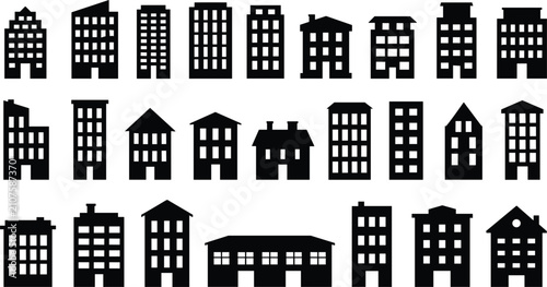 City buildings silhouette collection featuring diverse real estate architecture corporate skyscrapers residential apartments houses and urban properties graphic elements