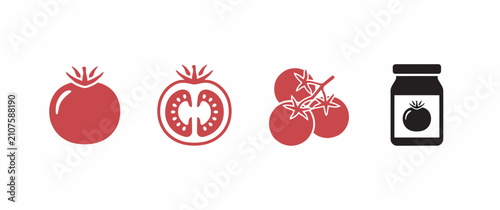 Tomato icon set featuring fresh whole tomato, sliced half, vine tomatoes and jar of sauce