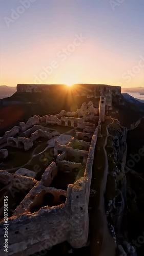 Ancient stone castle fortress on high mountain cliff sunset.