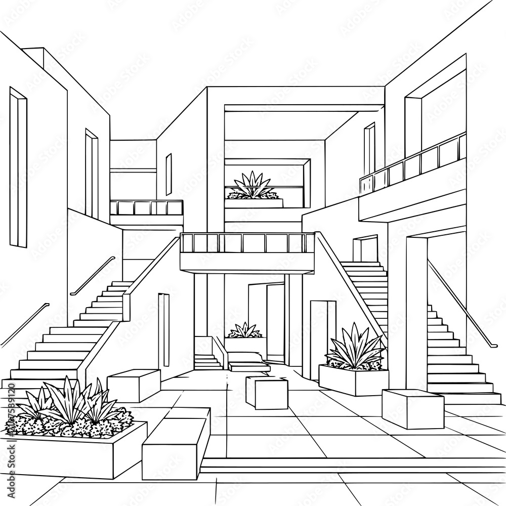 Fototapeta premium Architectural Abstract Coloring Pages for Adults | Modern Geometric Buildings, Futuristic Architecture, Impossible Structures, Parametric Design, Brutalist Forms, Contemporary Line Art, Optical Illusi