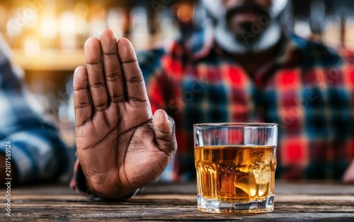 Healthy Lifestyle Choices: Man Refusing Alcohol with Glass of Whiskey in Background at Confident Conference Setting
