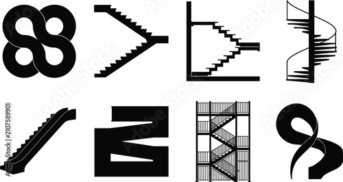 Set of black silhouette icons featuring diverse architectural staircase designs, abstract stair structures, and modern building floor access
