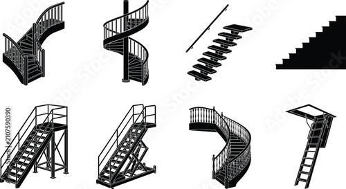 Set of black silhouette icons featuring various types of stairs, architectural staircases, and ladders for building design
