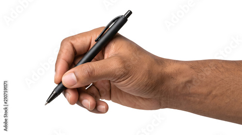 Fotografie Pen rests in a male hand as an isolated PNG black writing tool on a transparent