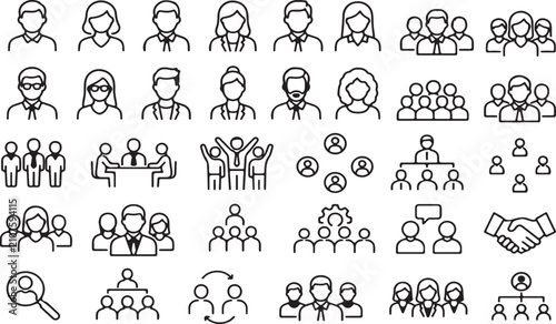 Set of business people and team management line icons for office work