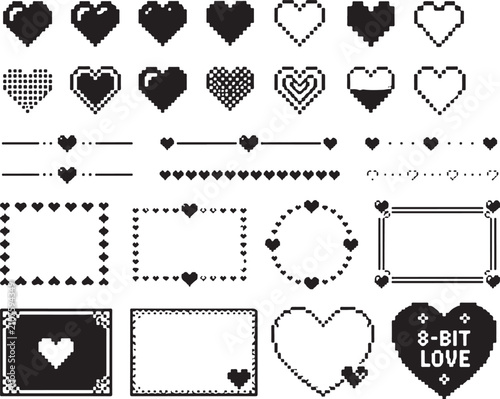Set of black pixel art heart icons and decorative frames for design