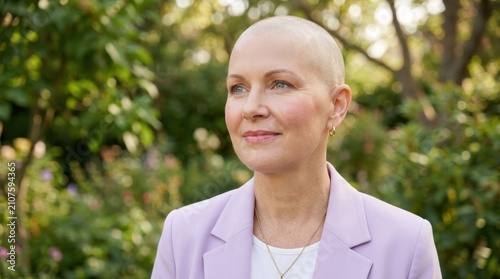 Resilient bald woman smiling in a sunny green garden, representing a cancer survivor or alopecia awareness journey, perfect for healthcare and empowerment campaigns with a natural outdoor backgrounds.
