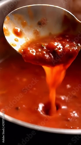 Boiling red tomato soup simmering in a metal pot