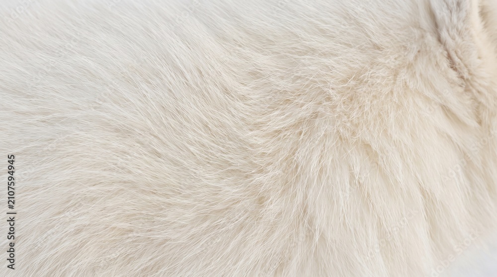 Fototapeta premium Close-up of pure white arctic fox fur texture. Luxurious winter animal pelt with soft natural fibers for design inspiration.