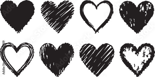 Set of hand drawn black heart shapes with various rough texture styles