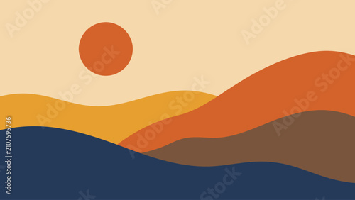 Cuadro en lienzo Minimalist desert landscape with setting sun