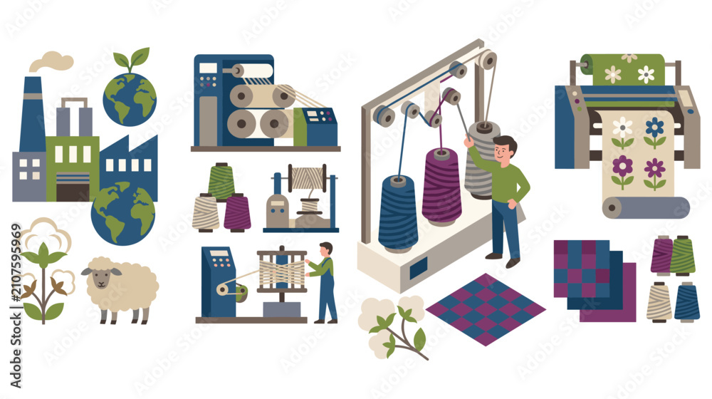 Naklejka premium Sustainable textile production process from raw materials to finished fabric products.