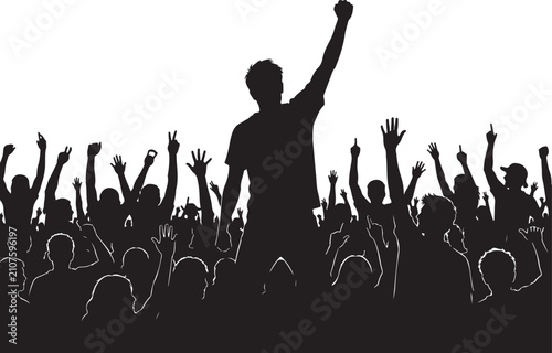 Large crowd of happy people cheering with hands raised in celebration