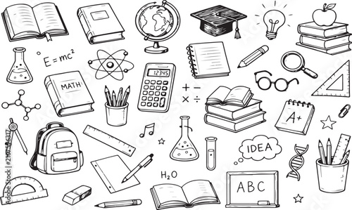 Hand drawn school supplies doodle collection for education and learning