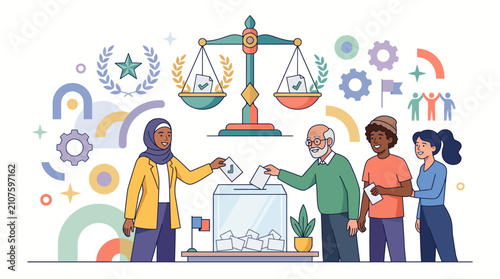 Diverse citizens voting in election with scales of justice symbol