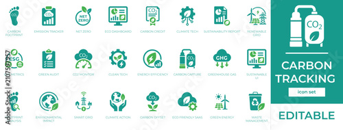 Carbon Tracking Vector Icon Set. Environmental Emissions Monitoring and Sustainability Symbols, Green Climate Technology Solid Glyph Elements
