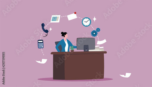 Multitasking Businesswoman Working at Office Desk with Computer, Calendar, Phone, and Clock Icons Vector Illustration for Workflow and Time Management Concepts