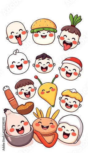 Cute Indonesian food illustration with various expressions on a white background, cultural, illustration