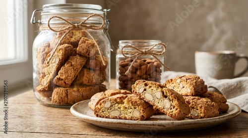Traditional Italian almond biscotti cantuccini cookies served on a ceramic plate near glass jars and a coffee cup on a rustic wooden table in a bright kitchen setting perfect for a breakfast theme