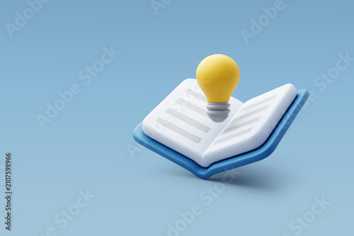 Canvastavla 3D illustration Open book with a glowing light bulb, Education, Learning, Knowledge, Creative thinking, Innovation and New ideas