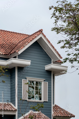 Blue residential house exterior with terracotta tile roof, white window shutters, and tree branches against a cloudy sky.