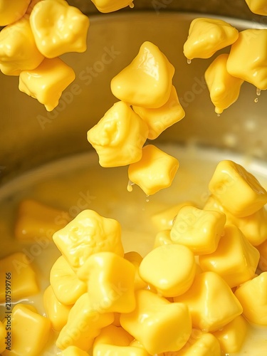 Golden mozzarella curds suspended in a vat of warm water and cream, curds, cream