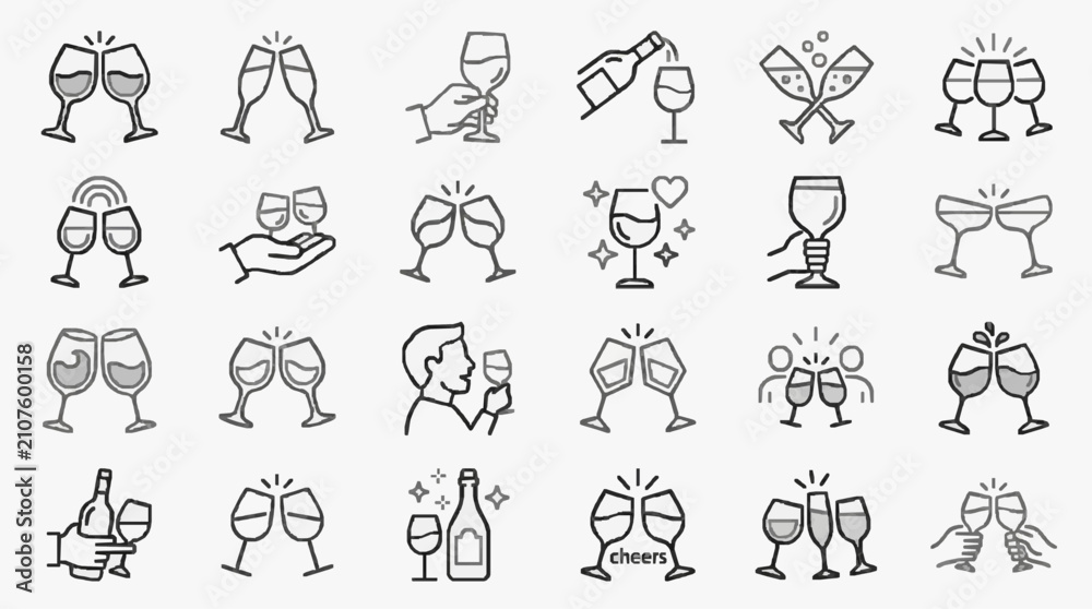 Fototapeta premium Industrial Style Icons Set of Cheers and Wine Glasses Celebration Symbols in Monochrome with high quality professional line art symbols for modern creative design and digital branding projects