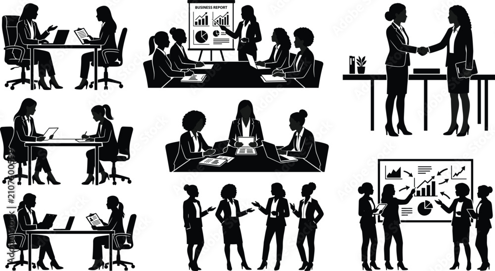 Obraz premium Professional businesswoman silhouettes set for corporate teamwork leadership recruitment and successful project management scenarios