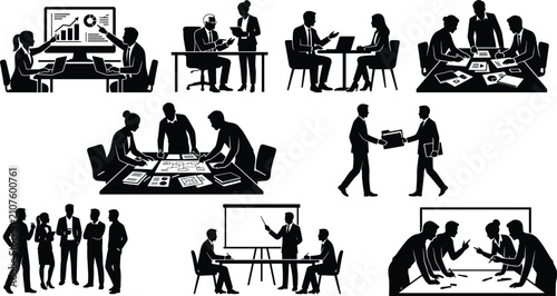 Professional office silhouettes set for corporate teamwork collaboration business meetings presentations and strategic data analysis scenarios