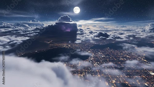 Soaring Over Urban Cityscape and Dramatic Storm Cloud Under Bright Moonlight | Night Aerial View