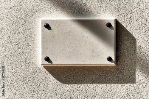 Blank Stone Plaque or Sign Board Mounted on Textured Wall with Shadow