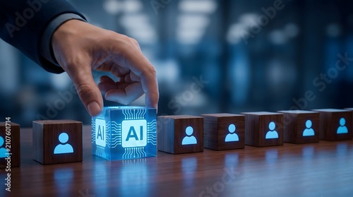 Businessman Hand Placing AI Block into Line of Employee Blocks