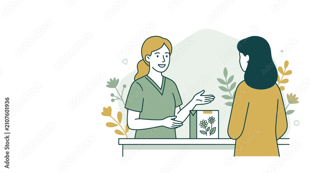 Fototapeta premium Pharmacist advising customer on herbal tea, illustrating natural remedies and healthcare consultation.
