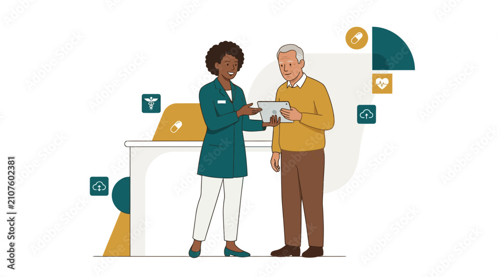 Fototapeta premium Pharmacist Consults Senior Patient on Digital Health Tablet with Medical Icons